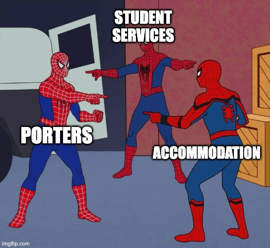 Spider-Man meme showing Student Services, Porters, and Accommodation pointing at each other