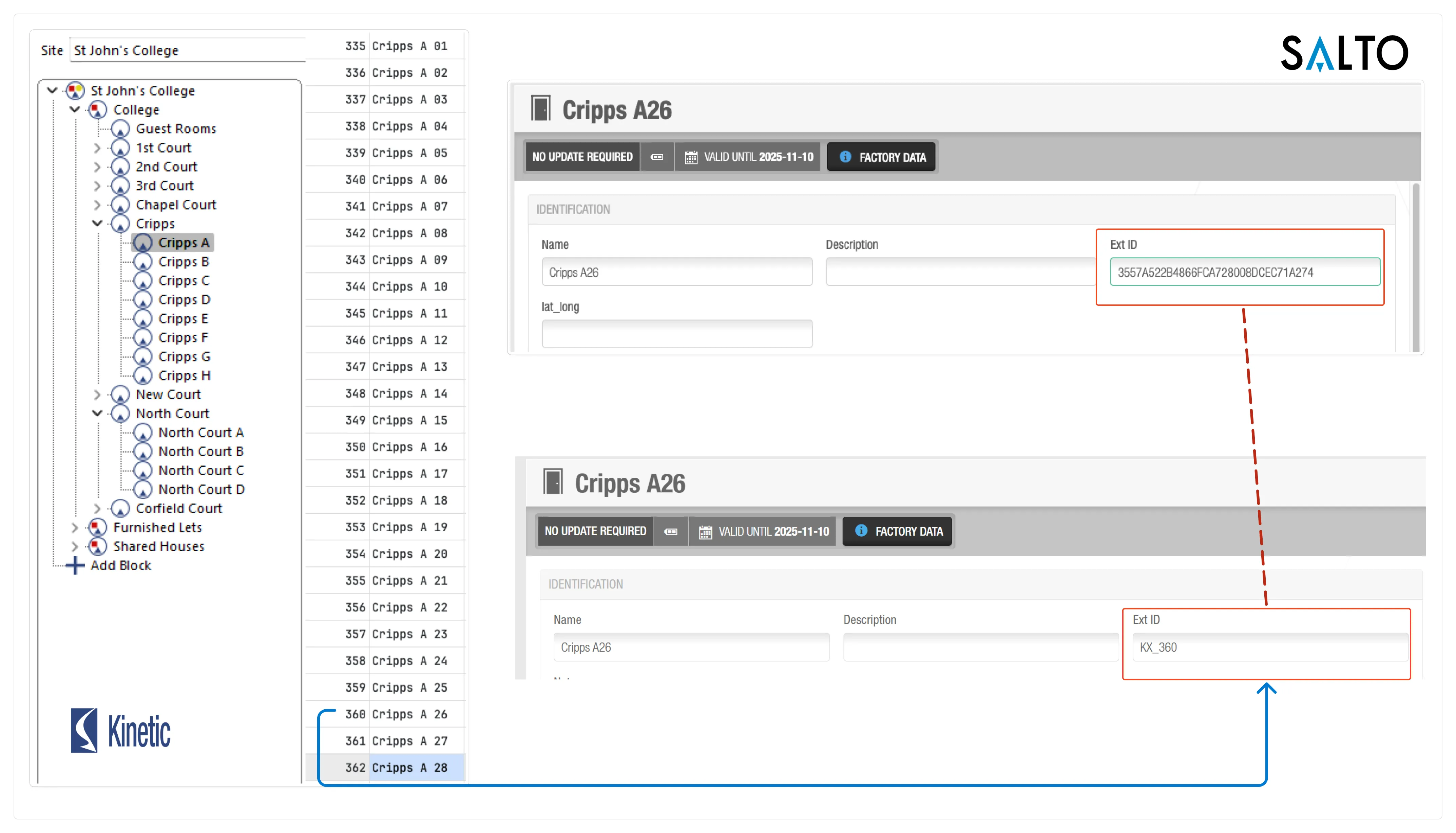 Before: Salto showing Cripps A26 with cryptic GUID (3557A522B4866FCA72B008DCEC71A274). After: Same door renamed to KX_360. KX hierarchy on left showing room 360 = Cripps A 26