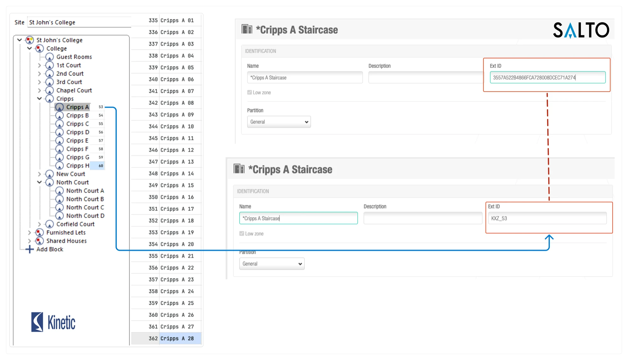 KX showing Cripps A (block 53) and Salto showing the staircase renamed from GUID to KXZ_53
